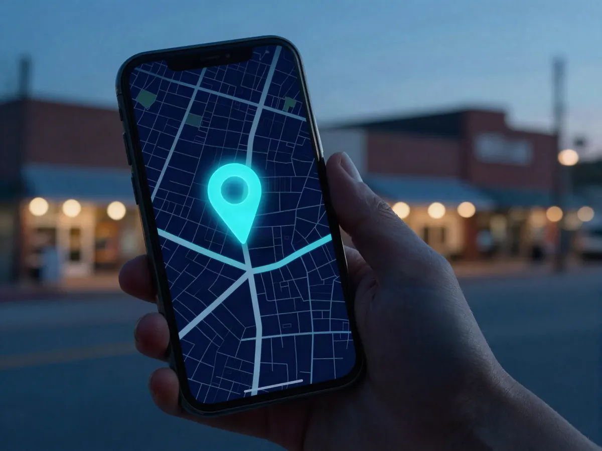 A phone map with a glowing location pin on a small-town main street